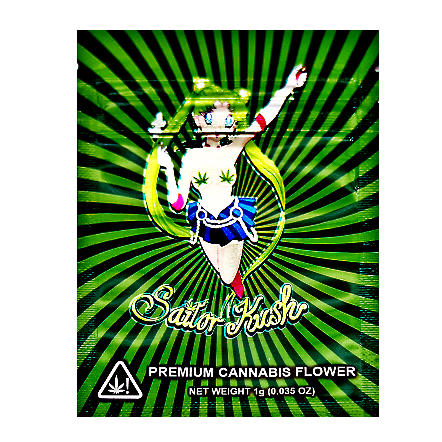 Mylar Bag Sativa Kush herb flower packaging with a green and black background