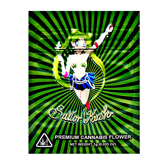 Mylar Bag Sativa Kush herb flower packaging with a green and black background