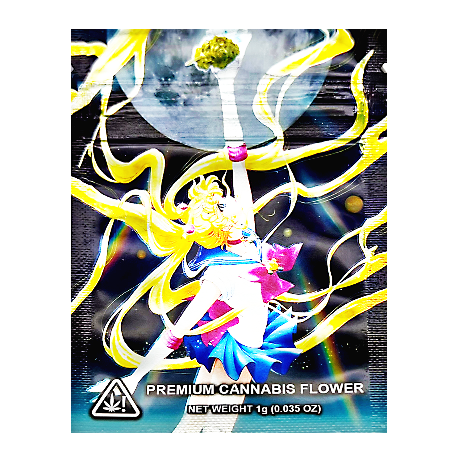 Mylar Bag herb flower packaging with colorful design and branding on a white background