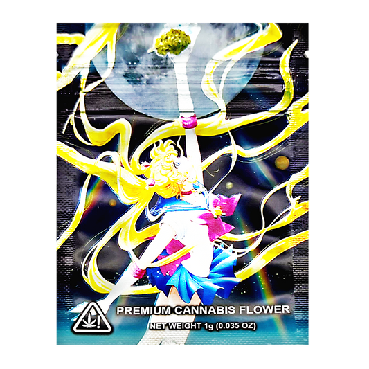 Mylar Bag herb flower packaging with colorful design and branding on a white background