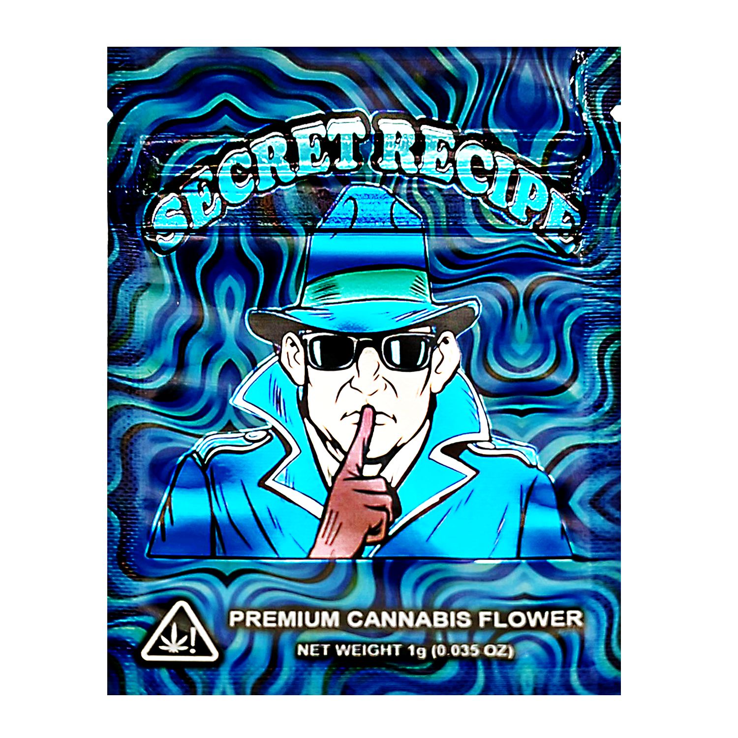 Mylar Bag herb packaging with a stylized figure and 'Secret Recipe' branding.