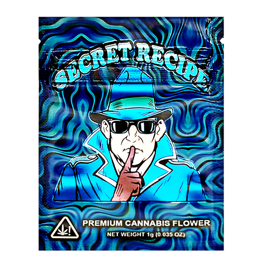 Mylar Bag herb packaging with a stylized figure and 'Secret Recipe' branding.