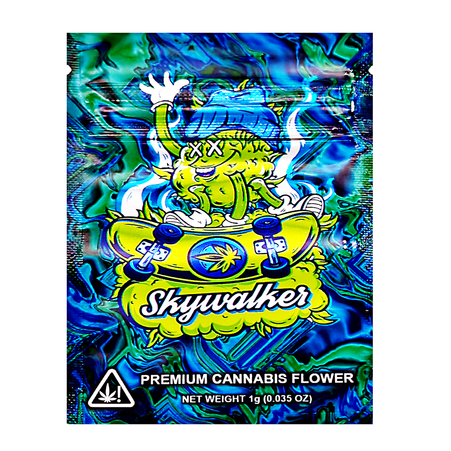 Mylar Bag Cannabis packaging with colorful design and 'Skywalker' branding on a white background