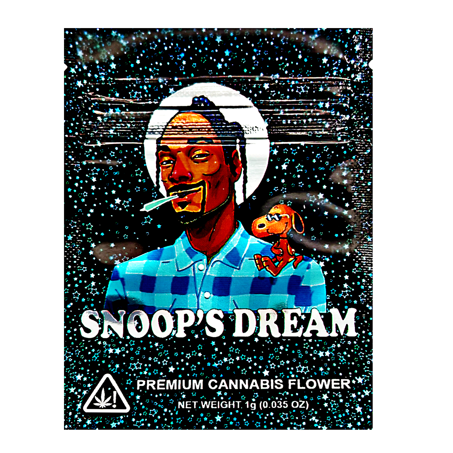 Mylar Bag herb packaging with a person and dog illustration labeled 'Snoop's Dream' on a dark background.