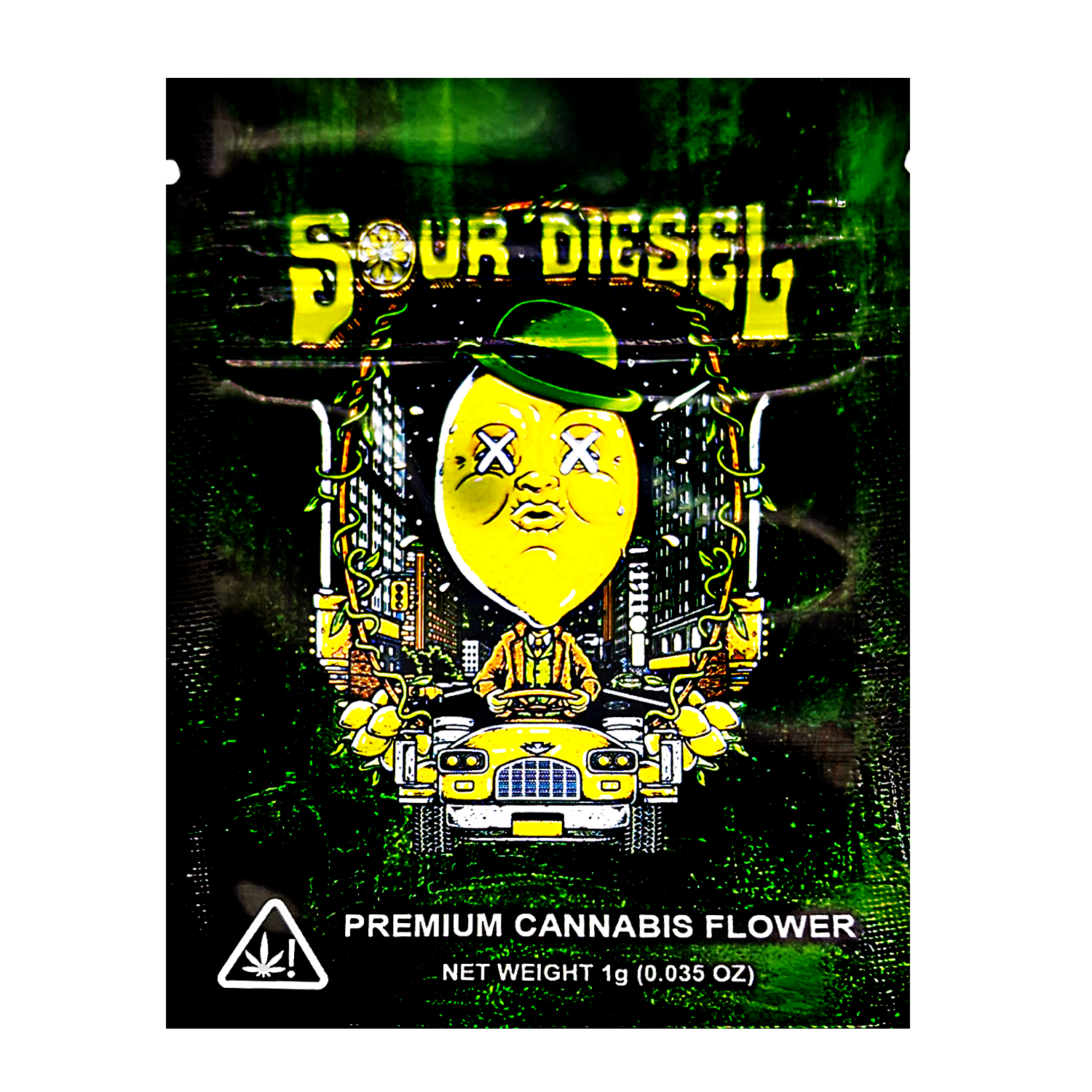 Mylar Bag Sour Diesel premium herb flower packaging with a lemon graphic and green text on a black background.