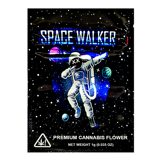 Mylar Bag Space Walker premium herb flower packaging with an astronaut design against a space-themed background.