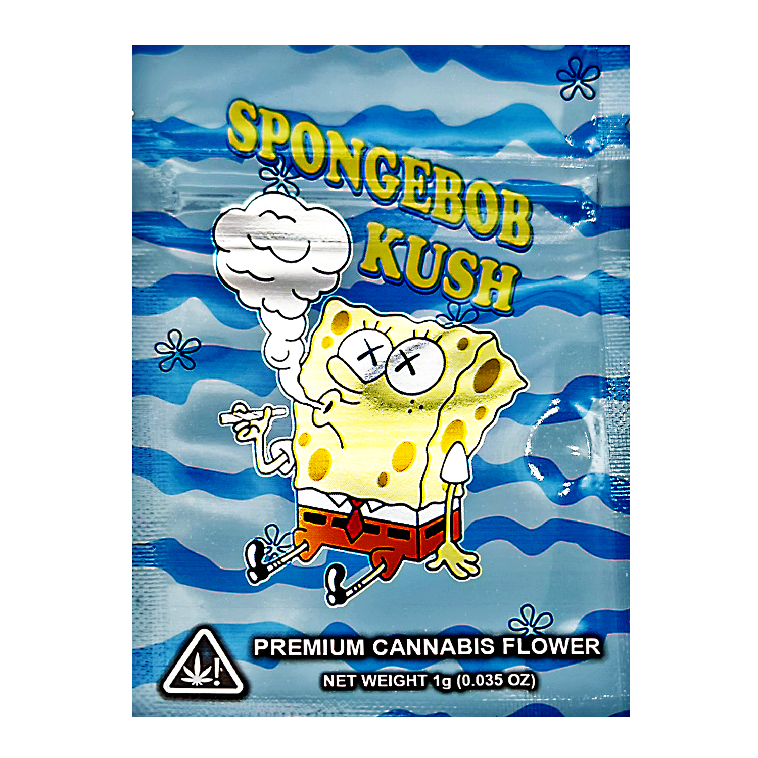 Mylar Bag SpongeBob themed herb packaging with blue wave background