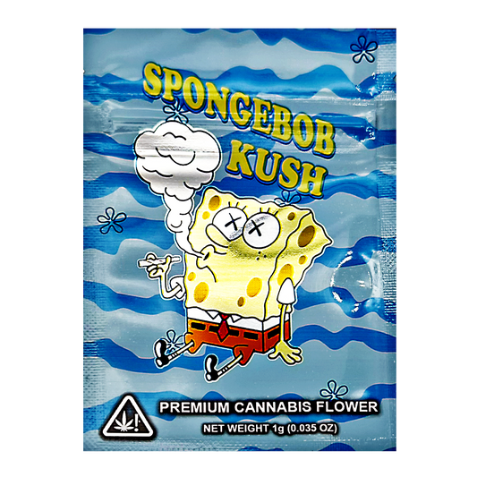 Mylar Bag SpongeBob themed herb packaging with blue wave background