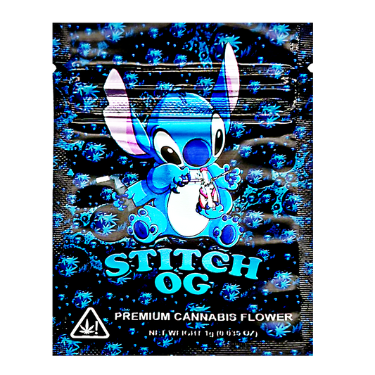 Mylar Bag herb packaging with a cartoon character on a blue and black background