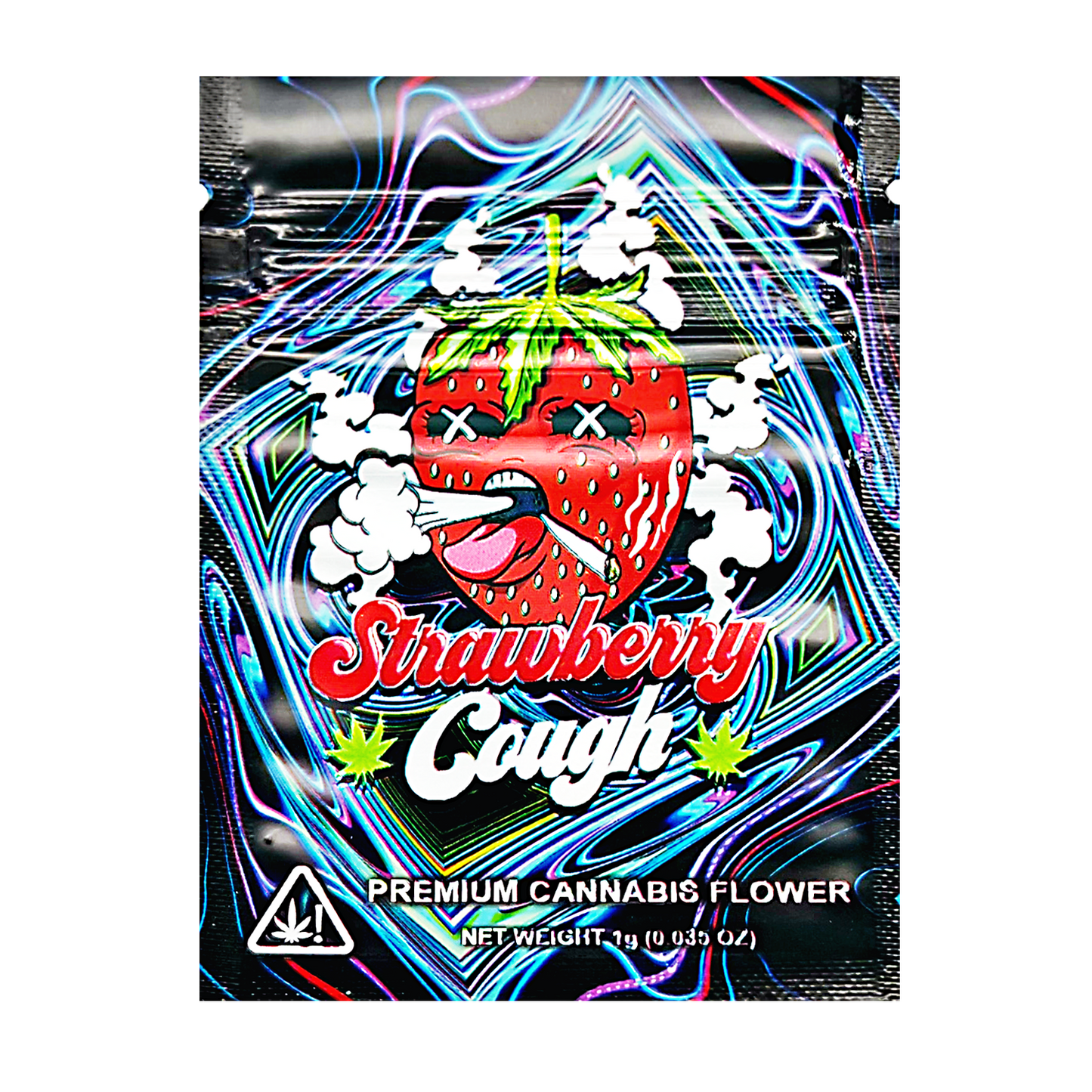 Mylar Bag Strawberry Cough cannabis flower packaging with colorful design and strawberry illustration.