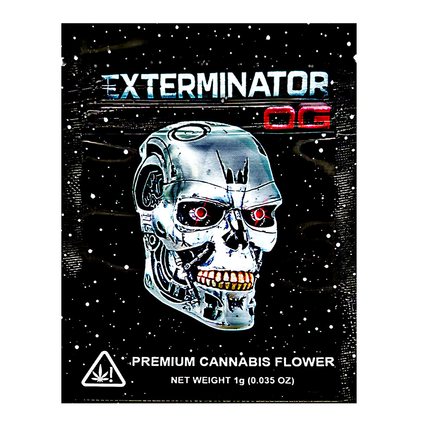 Mylar Bag herb packaging with a robot skull design on a black background