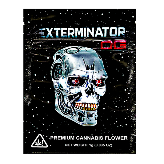 Mylar Bag herb packaging with a robot skull design on a black background