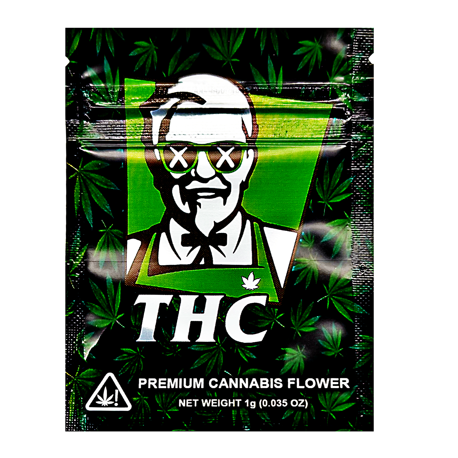 Mylar Bag herb packaging with a stylized face and 'THC' branding on a green leafy background.