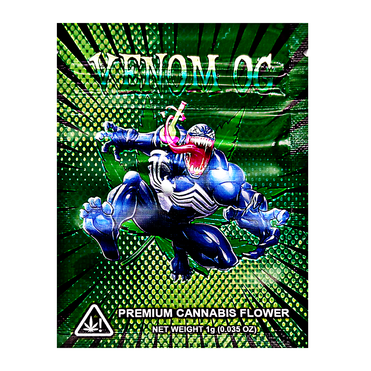 Mylar Bag herb packaging with superhero design on a green and black background