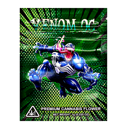 Mylar Bag herb packaging with superhero design on a green and black background