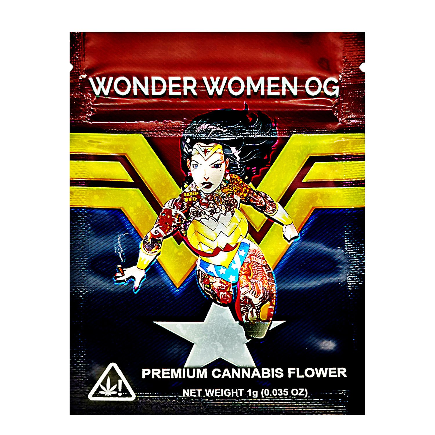 Mylar Bag herb packaging with Wonder Woman design on a white background