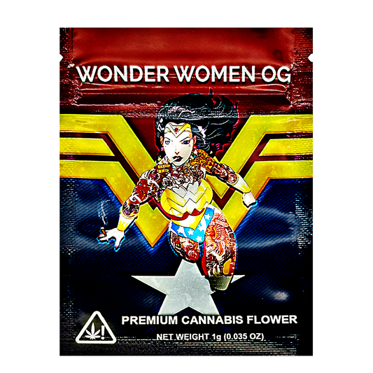 Mylar Bag herb packaging with Wonder Woman design on a white background