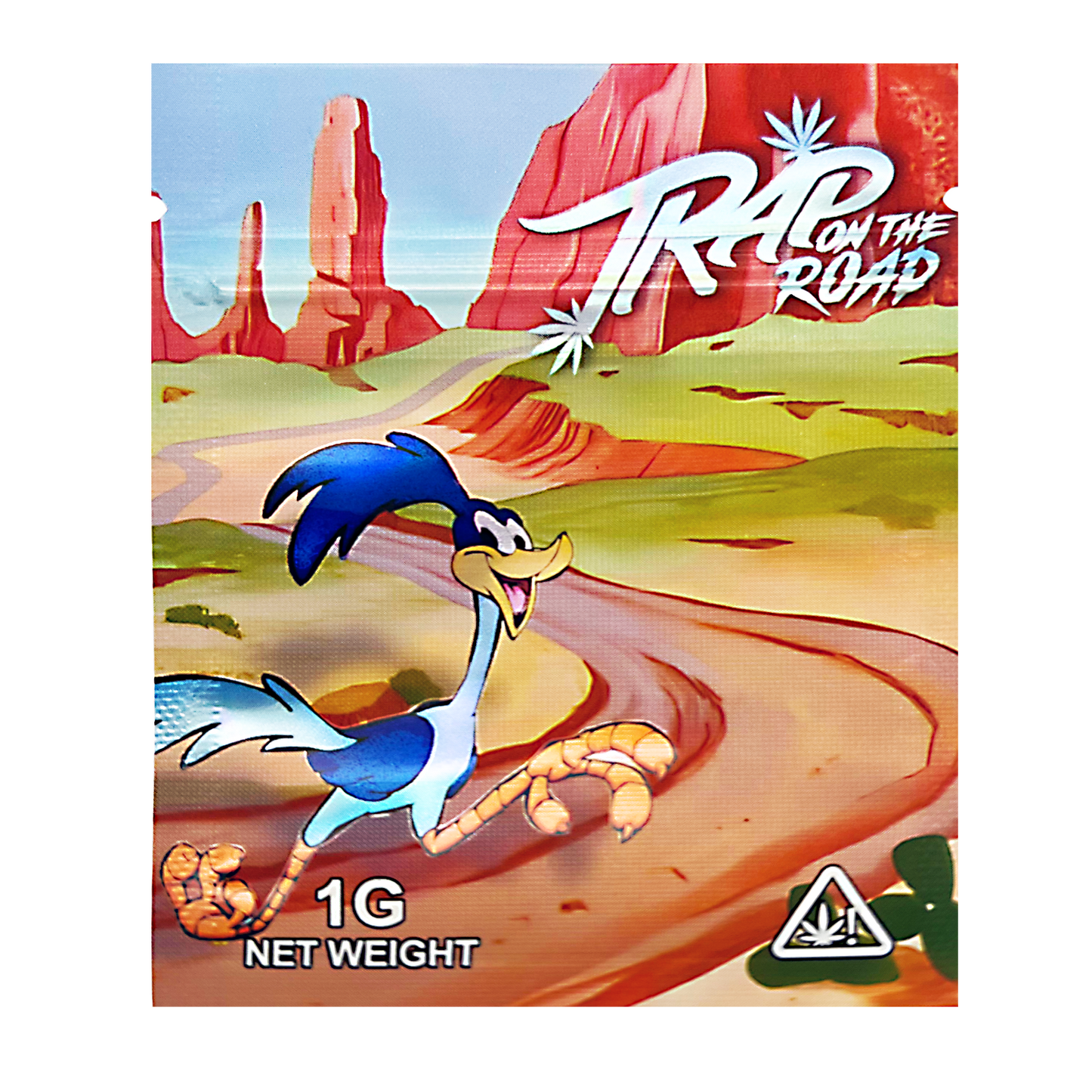 Mylar Bag Packaging of 'Trap on the Road' with cartoon character and desert landscape design.