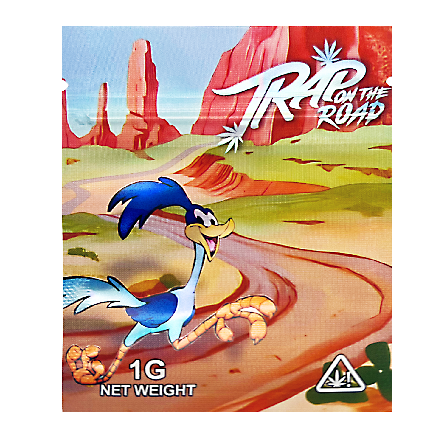 Mylar Bag Packaging of 'Trap on the Road' with cartoon character and desert landscape design.