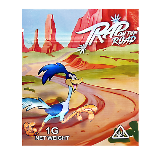 Mylar Bag Packaging of 'Trap on the Road' with cartoon character and desert landscape design.