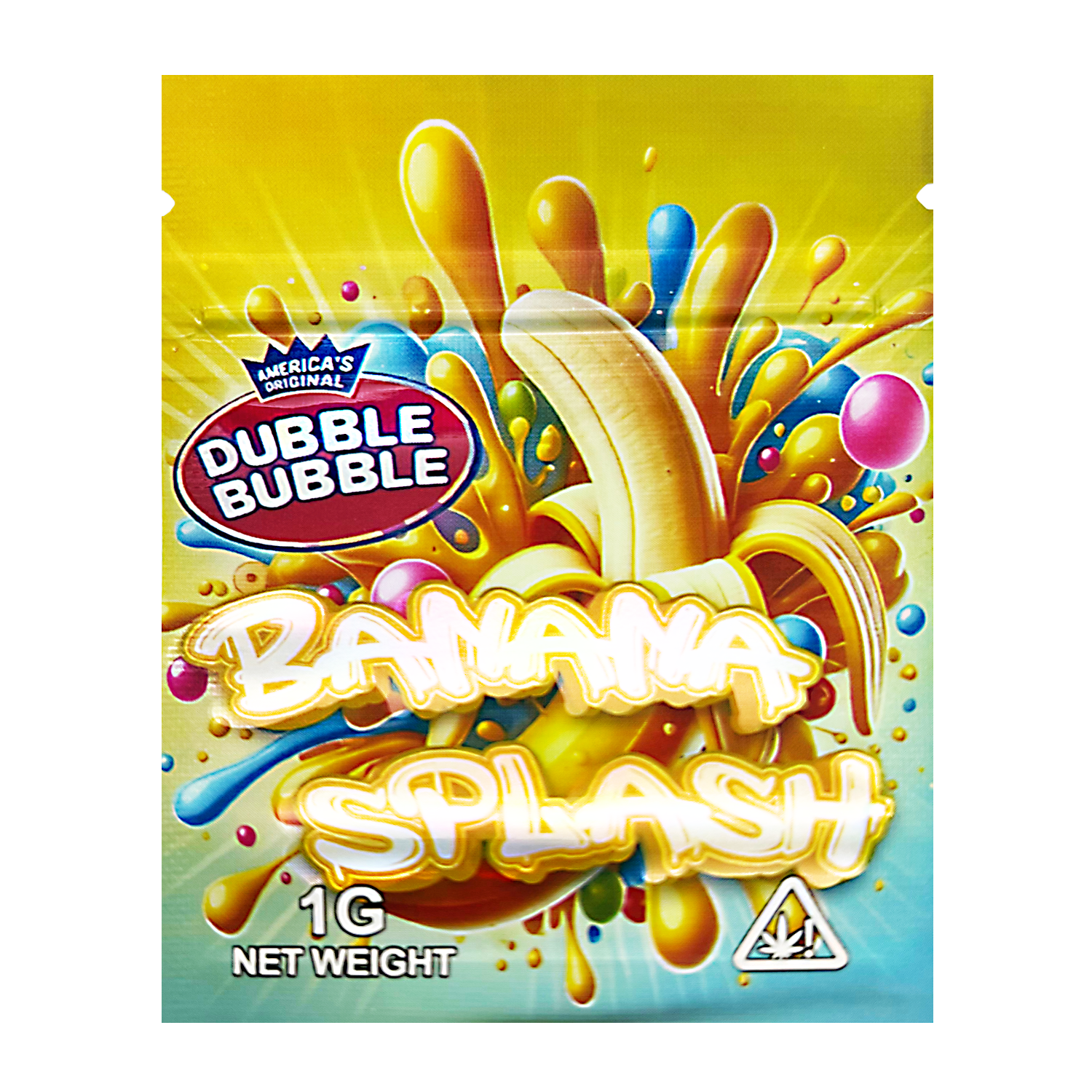 Mylar Bag Dubble Bubble Banana Splash bubble gum package with colorful design and brand logo.