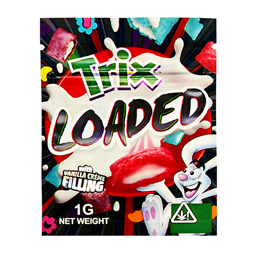 Mylar Bag Colorful packaging of a product labeled 'Trix Loaded' with cartoon characters and a herb warning triangle.