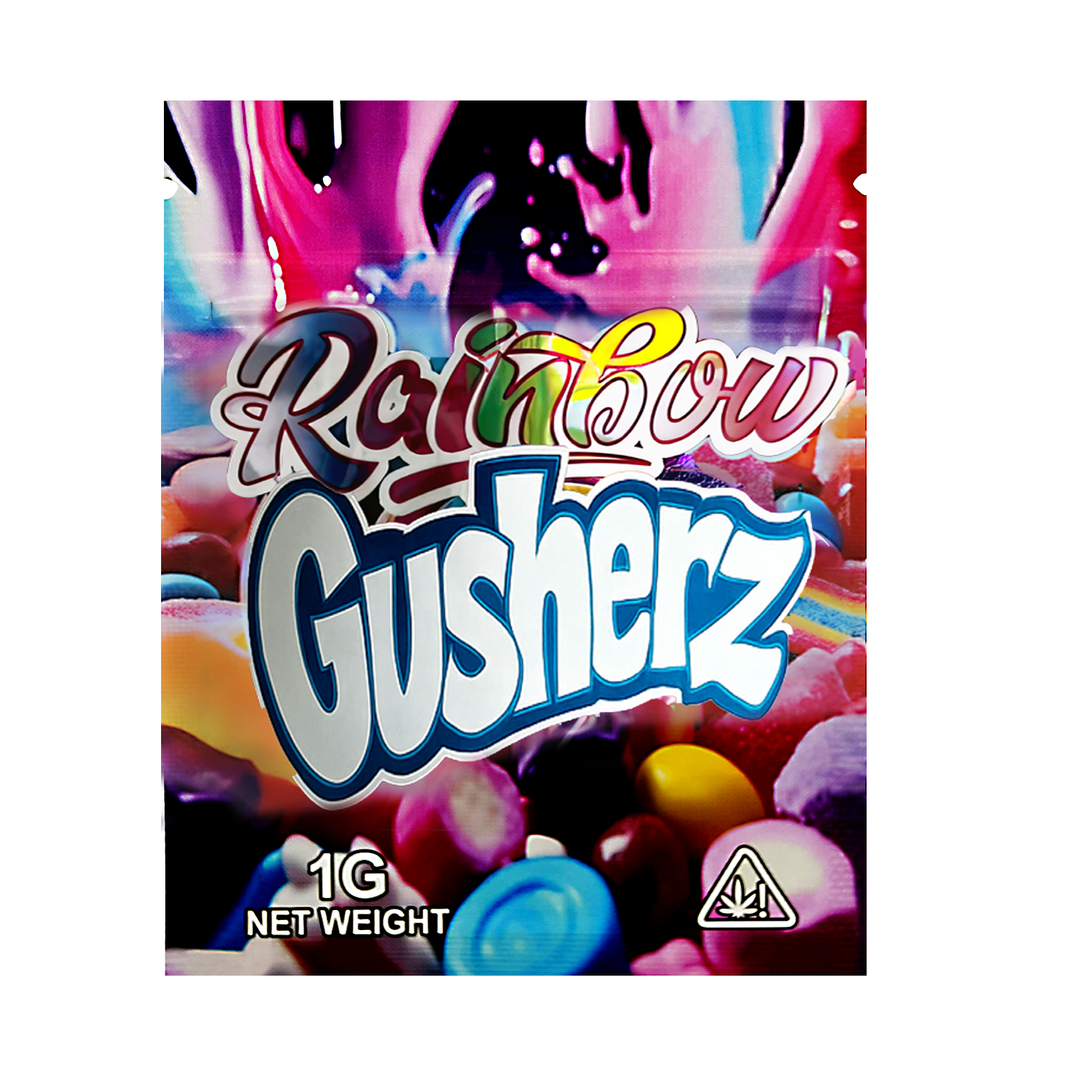 Mylar Bag Packaging of Rainbow Gushers with colorful design and candy imagery.