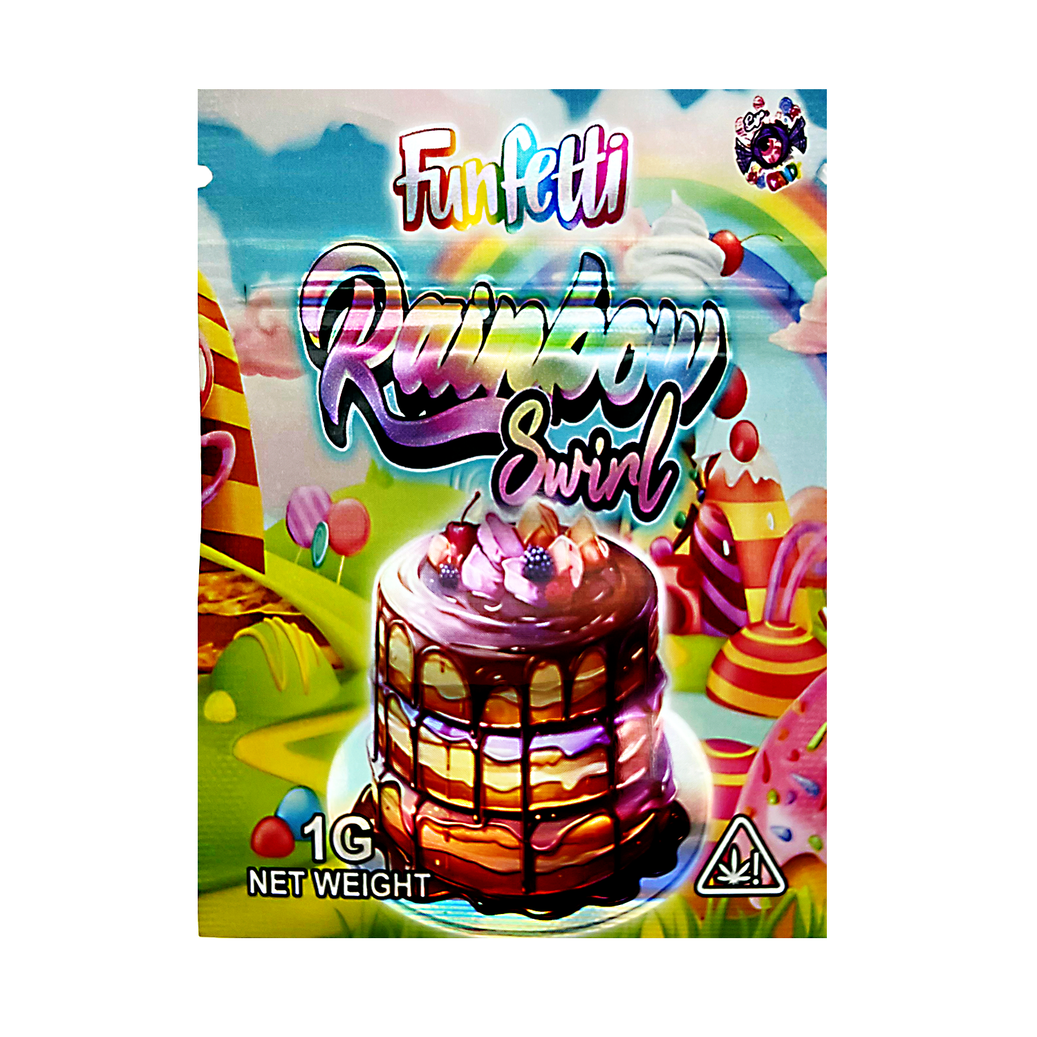 Mylar Bag Funfetti Rainbow Swirl cake mix packaging with colorful design and cake illustration.