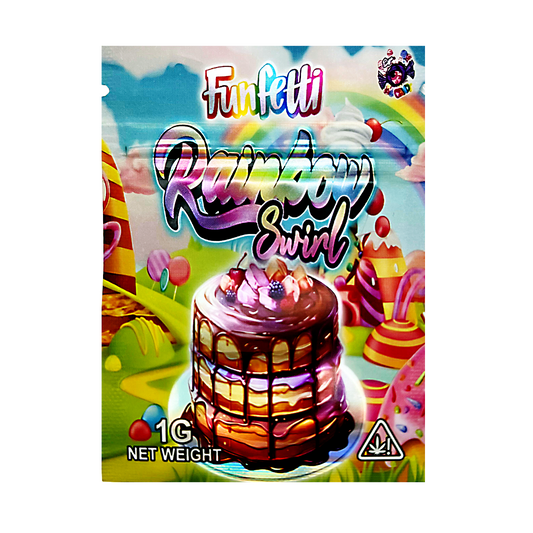 Mylar Bag Funfetti Rainbow Swirl cake mix packaging with colorful design and cake illustration.