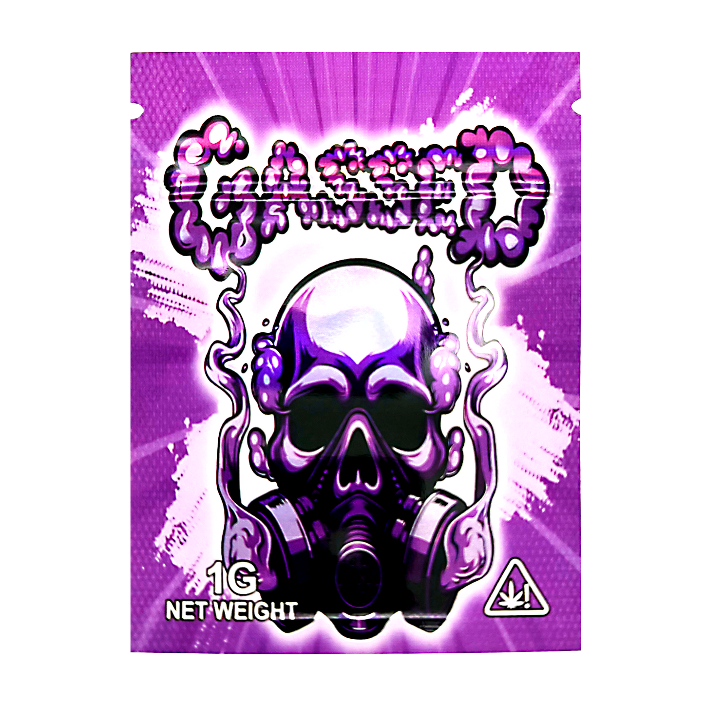Mylar Bag Purple packaging with a skull and gas mask design on a white background