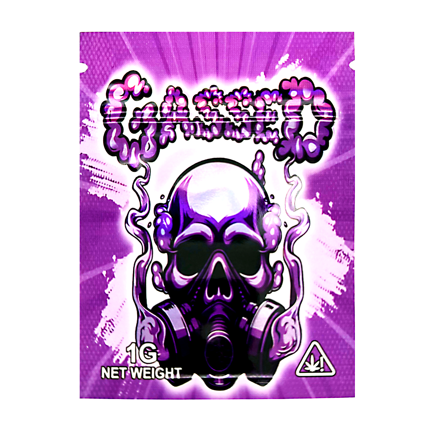 Mylar Bag Purple packaging with a skull and gas mask design on a white background