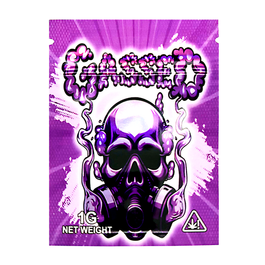 Mylar Bag Purple packaging with a skull and gas mask design on a white background
