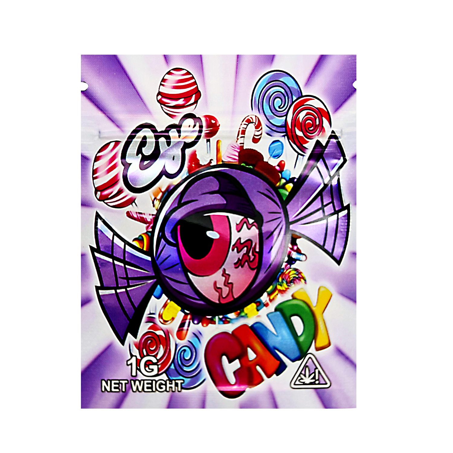 Mylar Bag Colorful candy-themed packaging with a purple eye-like design on a white background