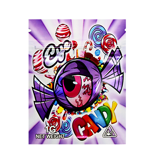 Mylar Bag Colorful candy-themed packaging with a purple eye-like design on a white background