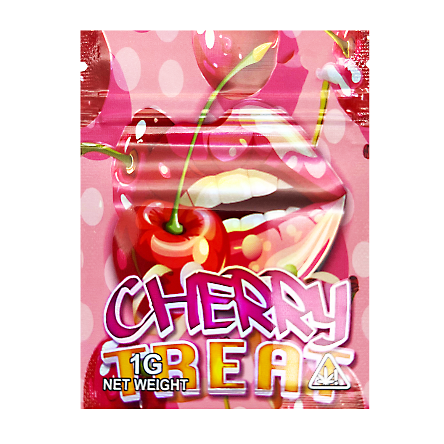 Mylar Bag Pink packaging of 'Cherry Beat' with a cherry illustration on a white background