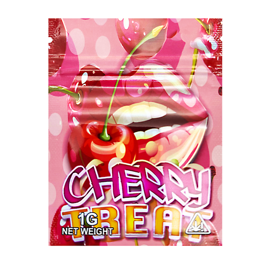 Mylar Bag Pink packaging of 'Cherry Beat' with a cherry illustration on a white background