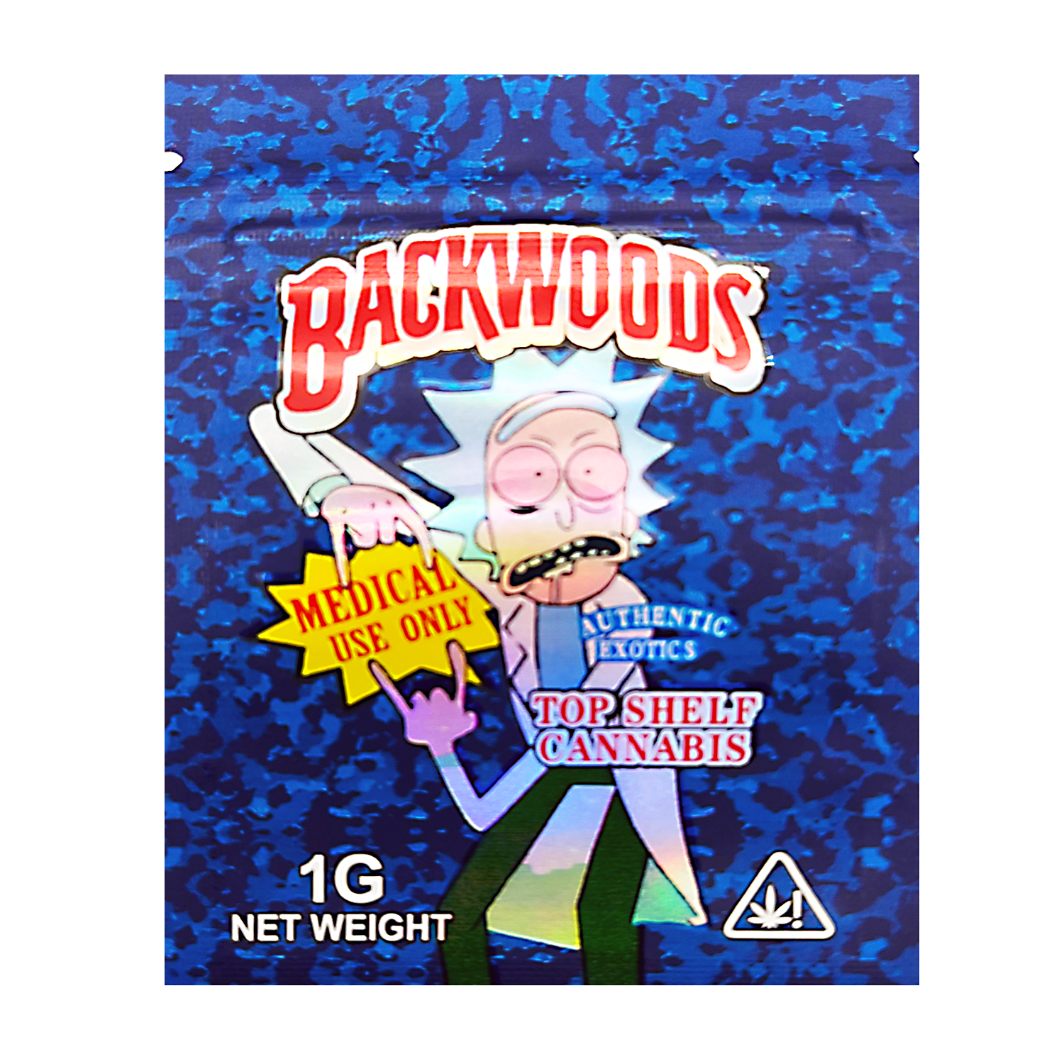 Mylar Bag Backwoods herb packaging with a character design on a blue patterned background