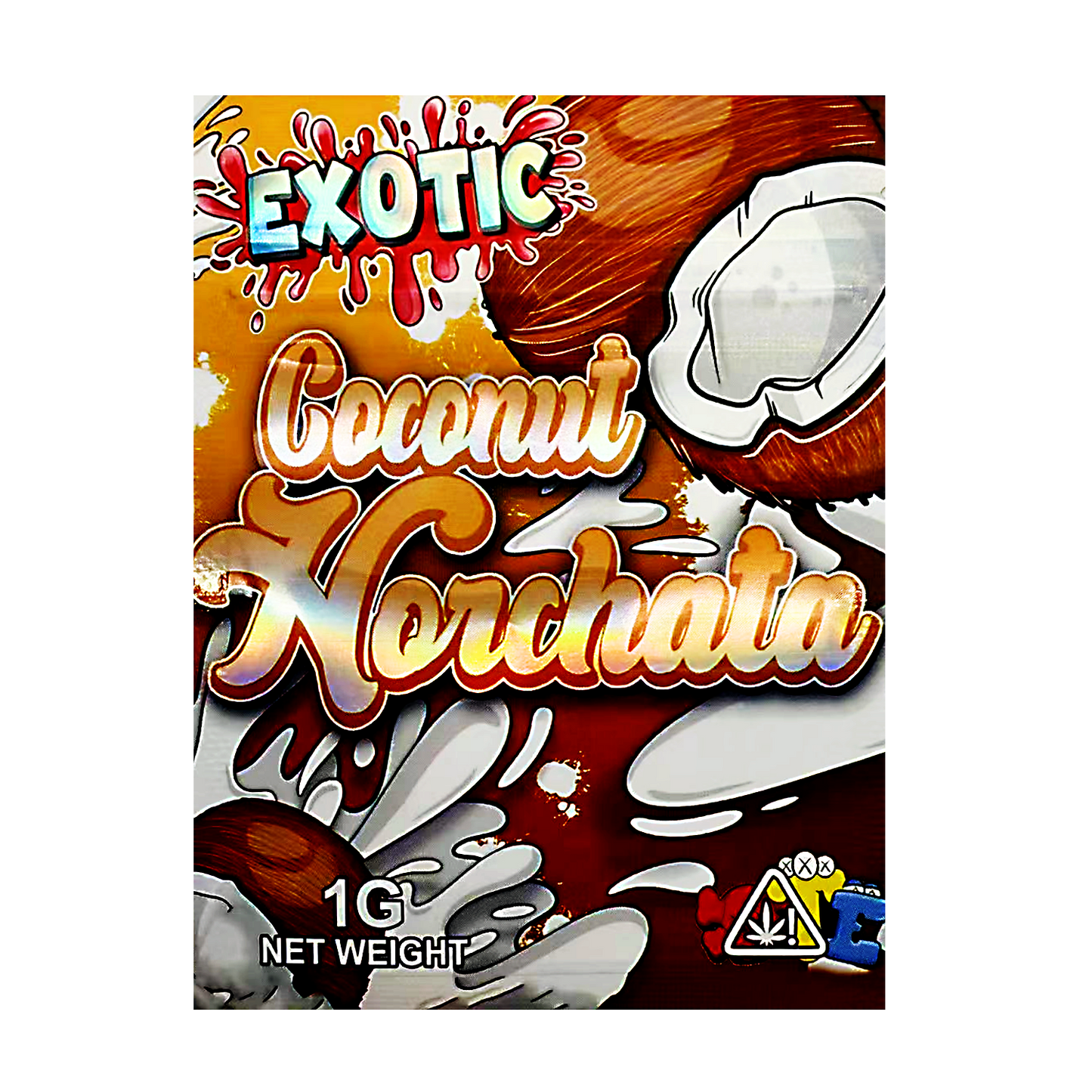 Mylar Bag Exotic Coconut Horchata product packaging with coconut illustration and colorful design.