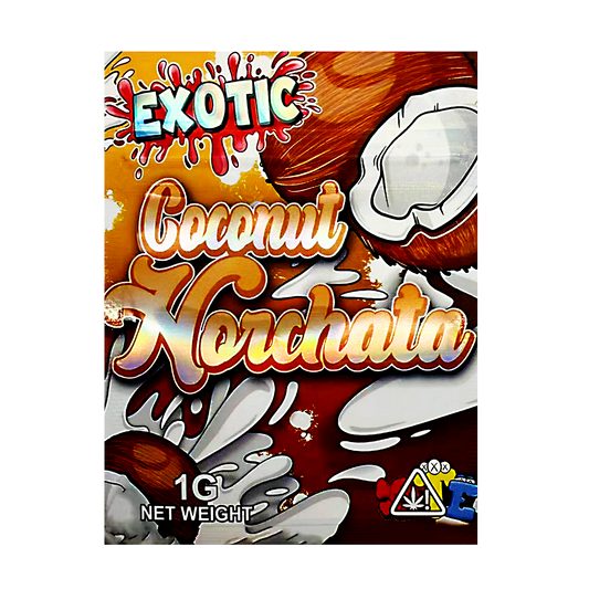 Mylar Bag Exotic Coconut Horchata product packaging with coconut illustration and colorful design.