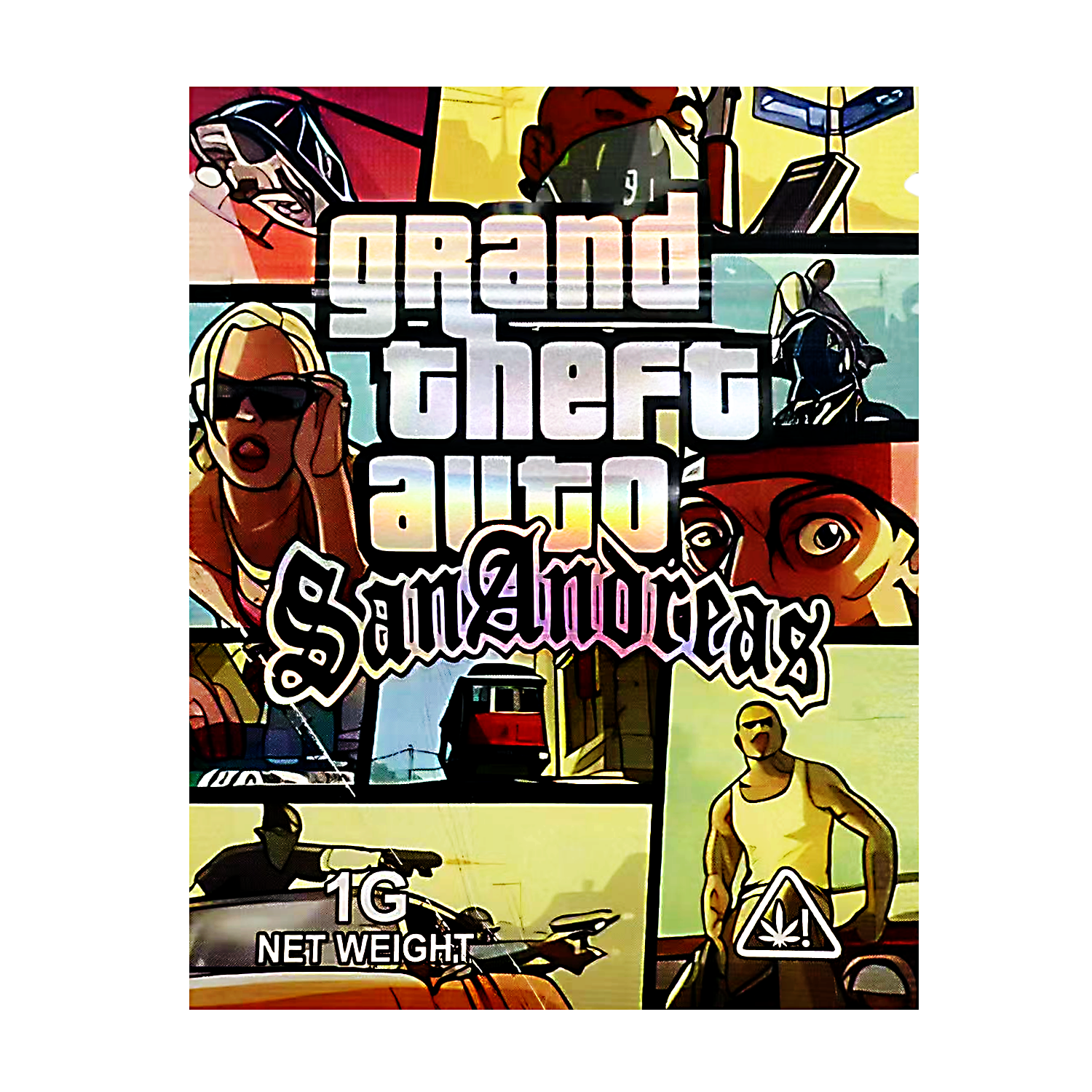 Mylar Bag Cover of 'Grand Theft Auto San Andreas' with colorful graphics and character images.