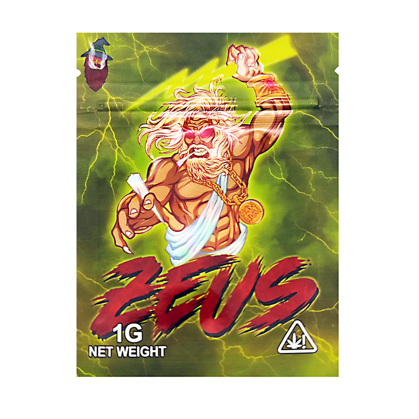 Mylar Bag Zeus product packaging with a character holding lightning bolts on a green background