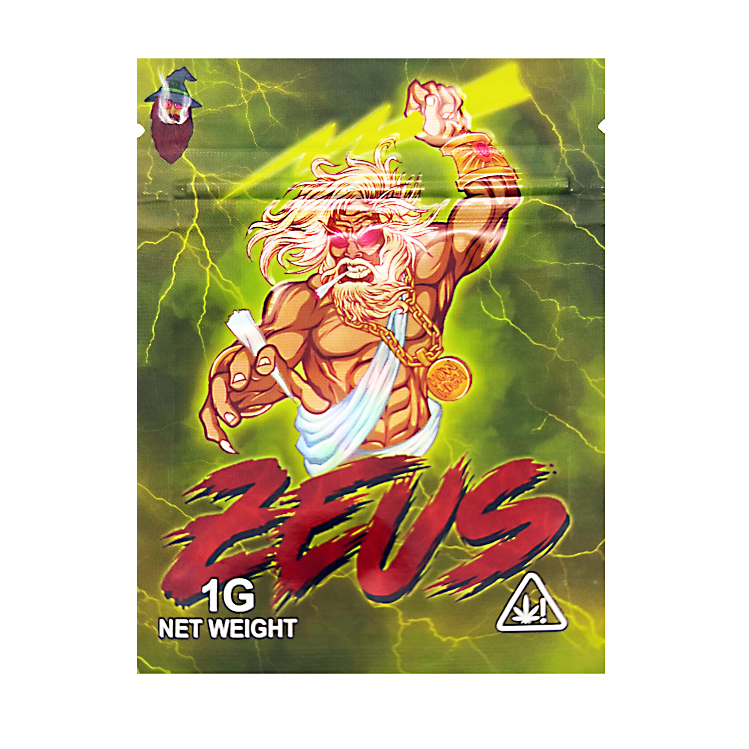 Mylar Bag Zeus product packaging with a character holding lightning bolts on a green background