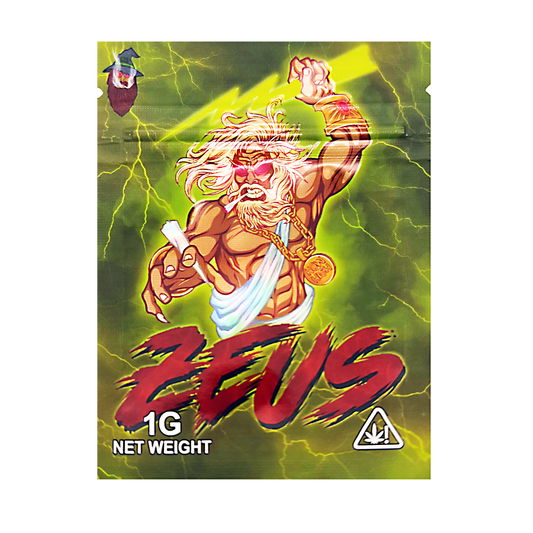 Mylar Bag Zeus product packaging with a character holding lightning bolts on a green background