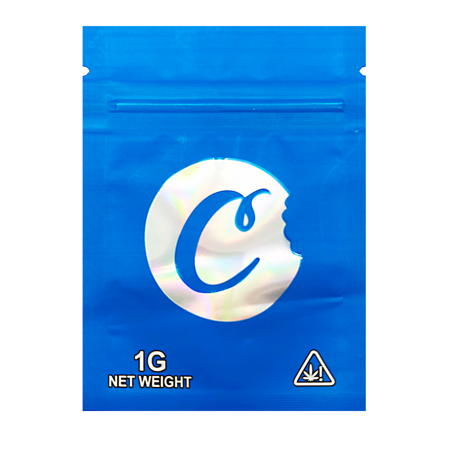 Mylar Bag Blue packaging with a logo and weight indication on a white background