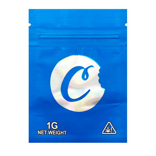 Mylar Bag Blue packaging with a logo and weight indication on a white background