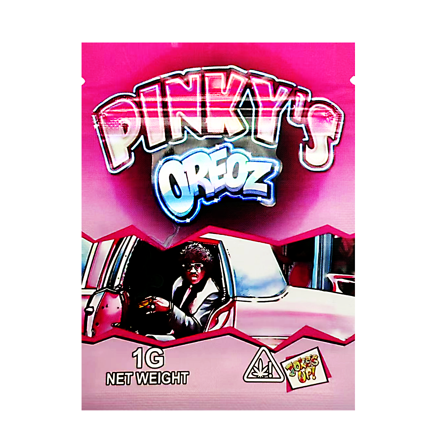 Mylar Bag Pink packaging of 'Pinky's Oreoz' with a character in a car, on a white background.