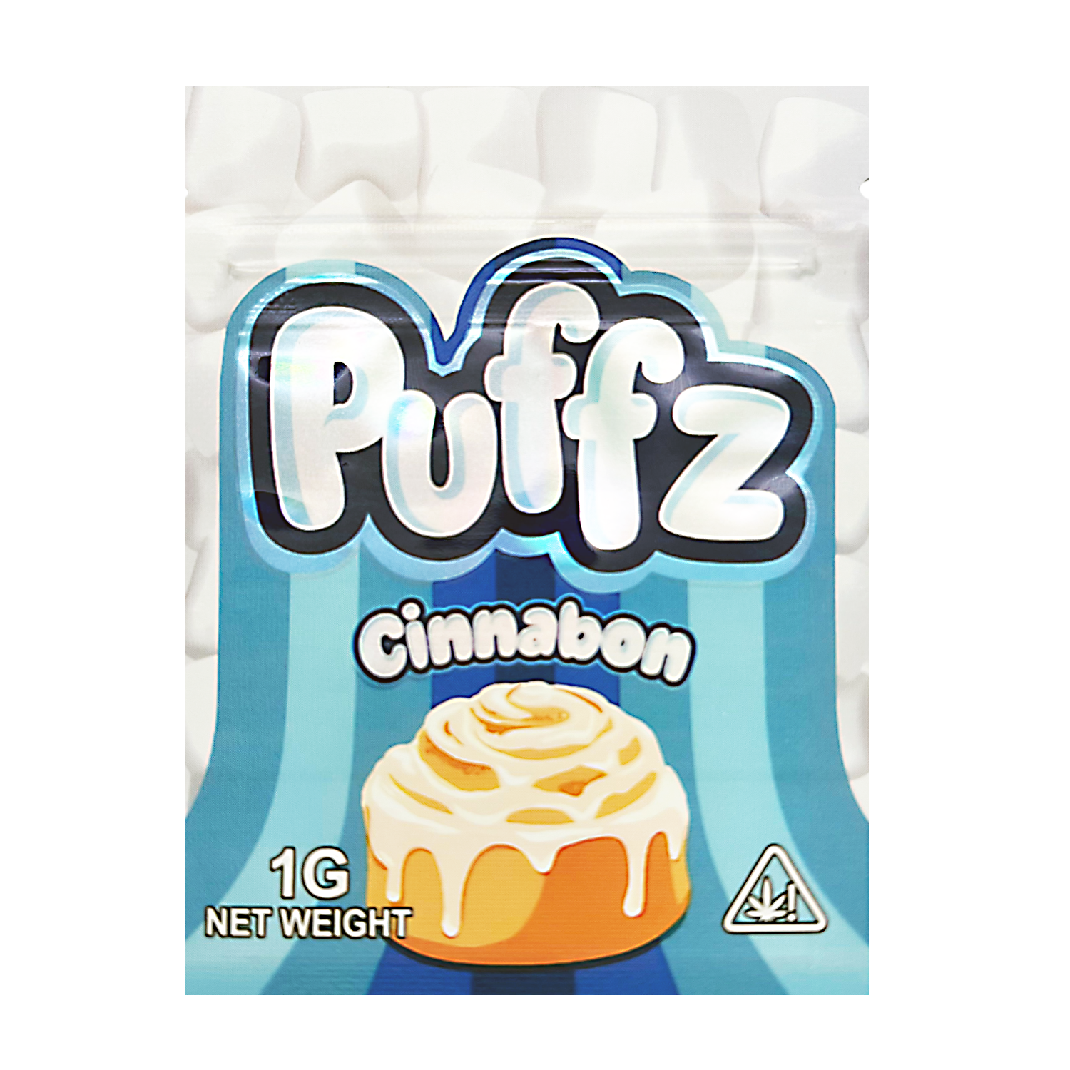 Mylar Bag Puffz Cinnamon flavor packaging with a cinnamon roll illustration on a white background