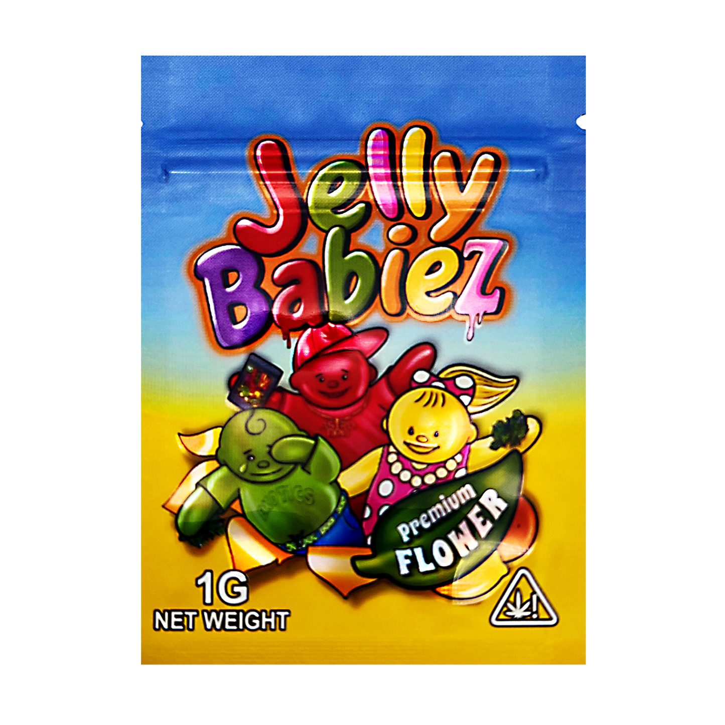Mylar Bag Colorful packaging of Jelly Babiez with cartoon characters on a white background