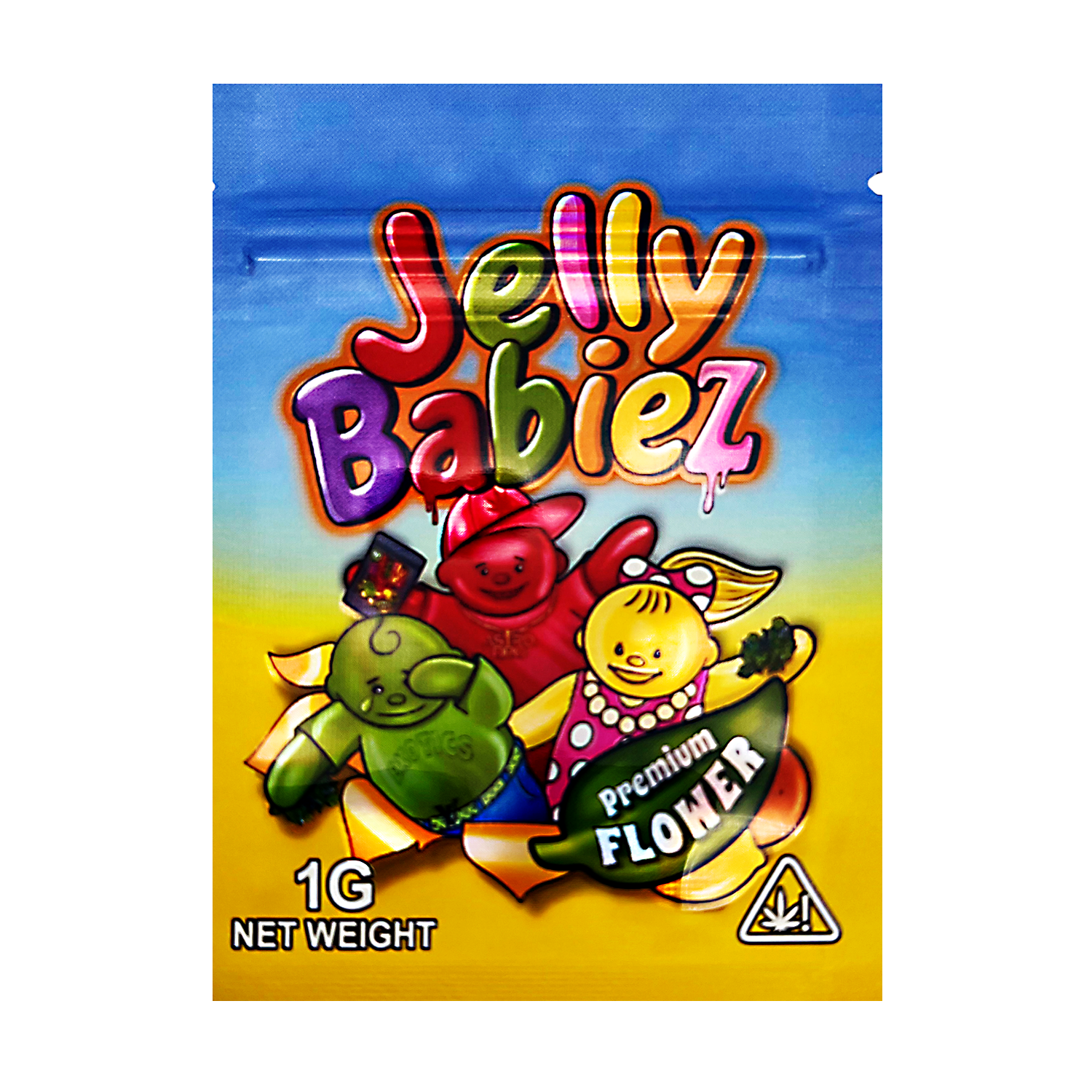 Mylar Bag Colorful packaging of Jelly Babiez with cartoon characters on a white background