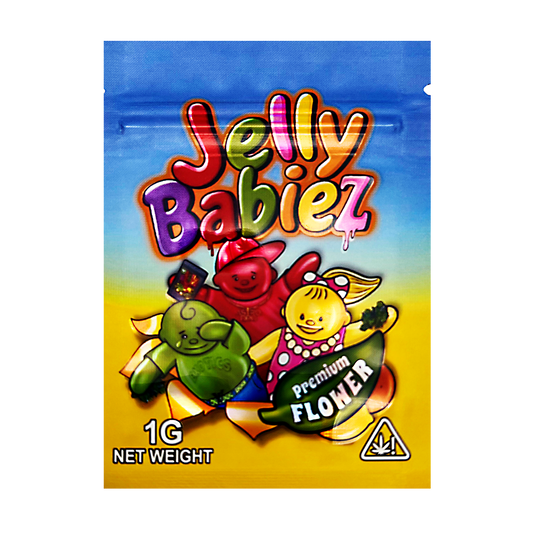 Mylar Bag Colorful packaging of Jelly Babiez with cartoon characters on a white background